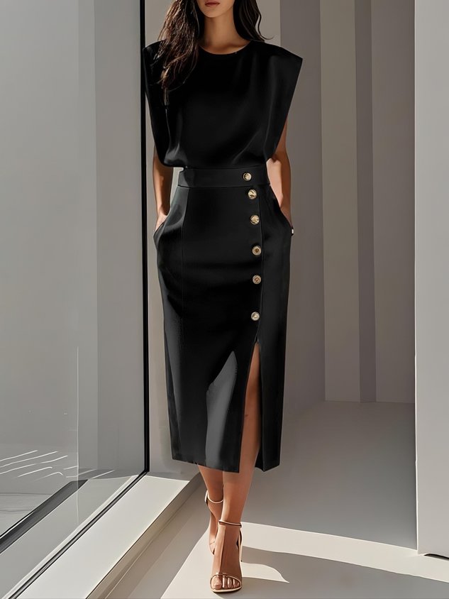 Women's Structured Midi Dress with Side Button Detail and Front Slit