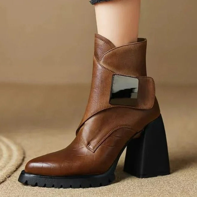 Women's Ankle Boots with Upper Strap and Block Heel