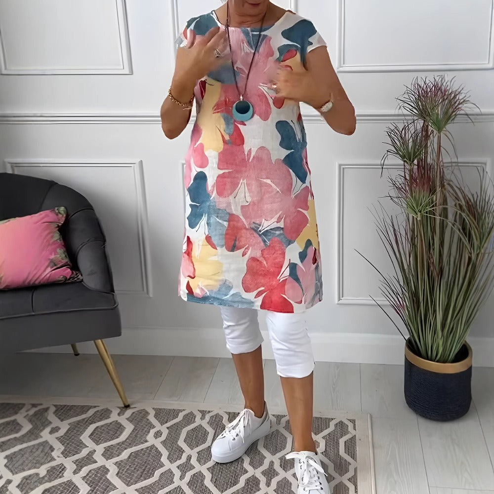 Women's Vibrant Floral Dress Cap Sleeve Round