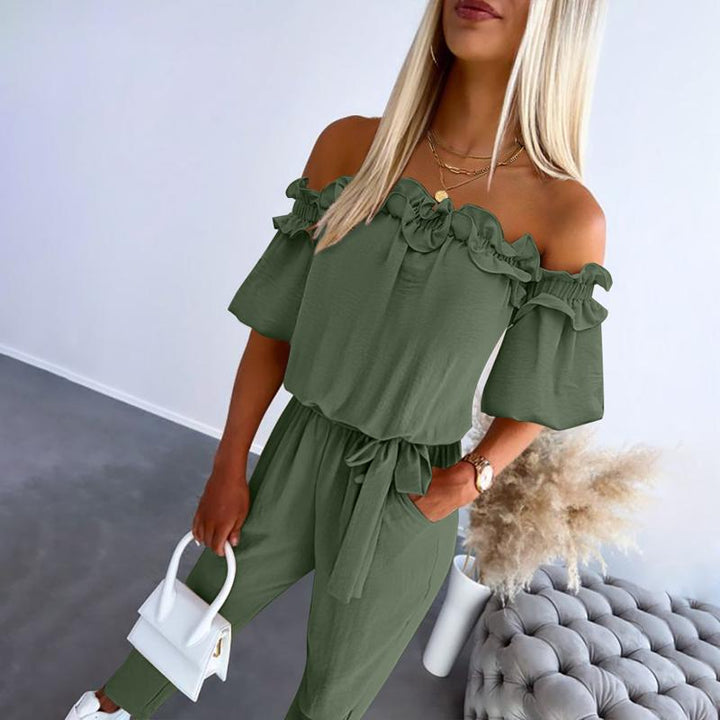 Women’s Off Shoulder Jumpsuit with Frill Neckline Tie Waist
