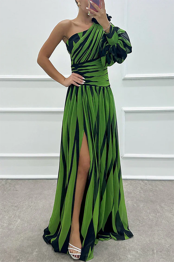 Women's One-Shoulder Maxi Dress with Single Long Sleeve Slit
