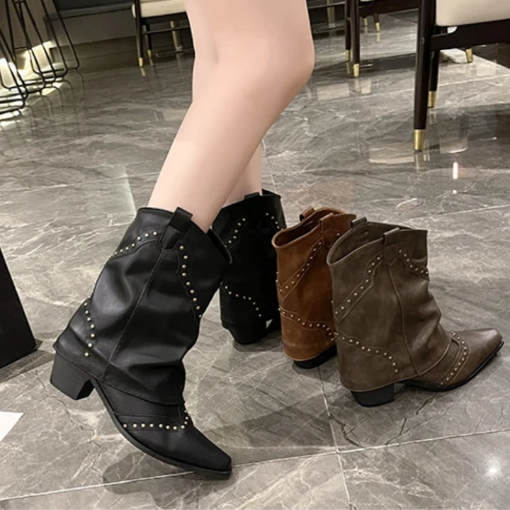 Women's Ankle Boots with Low Heel and Studded Detail