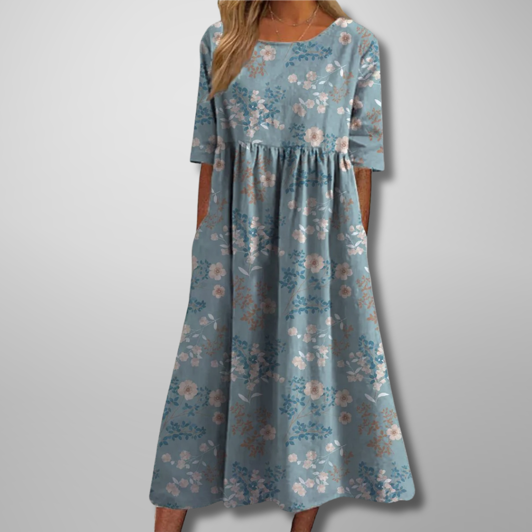 Women's Botanical Printed Midi Dress with Gathered Waist