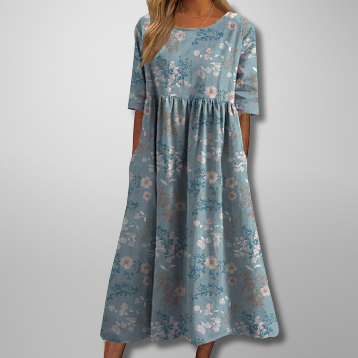 Women's Botanical Printed Midi Dress with Gathered Waist