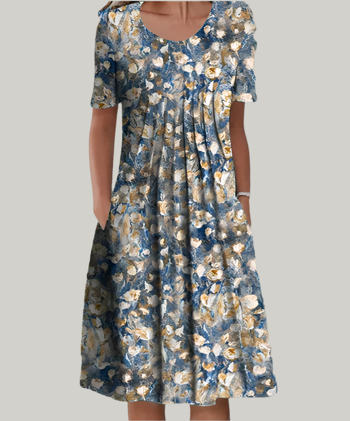 Women's Floral Printed Midi Dress with Gathered Pockets