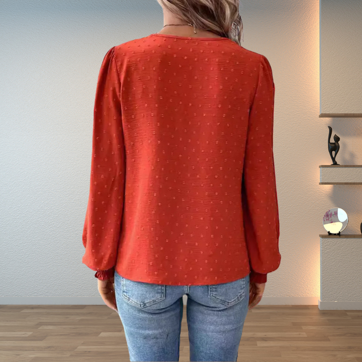 Women's Long Sleeve Blouse with V-Neck and Lace Detail