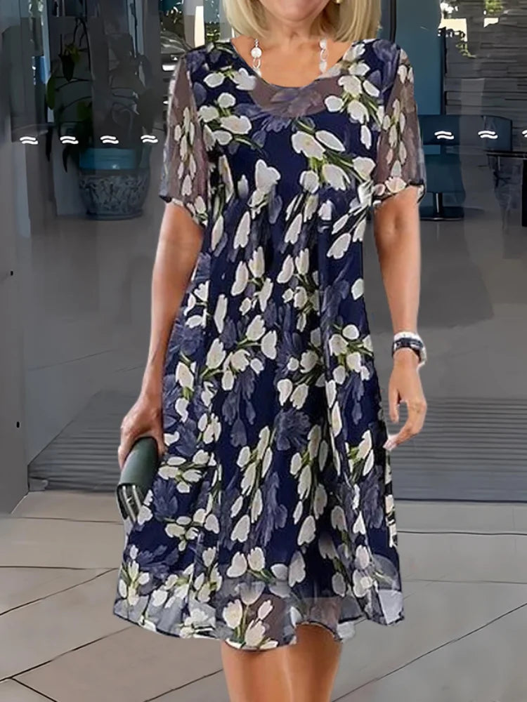Women's Floral Printed Midi Dress with Loose A-Line Fit