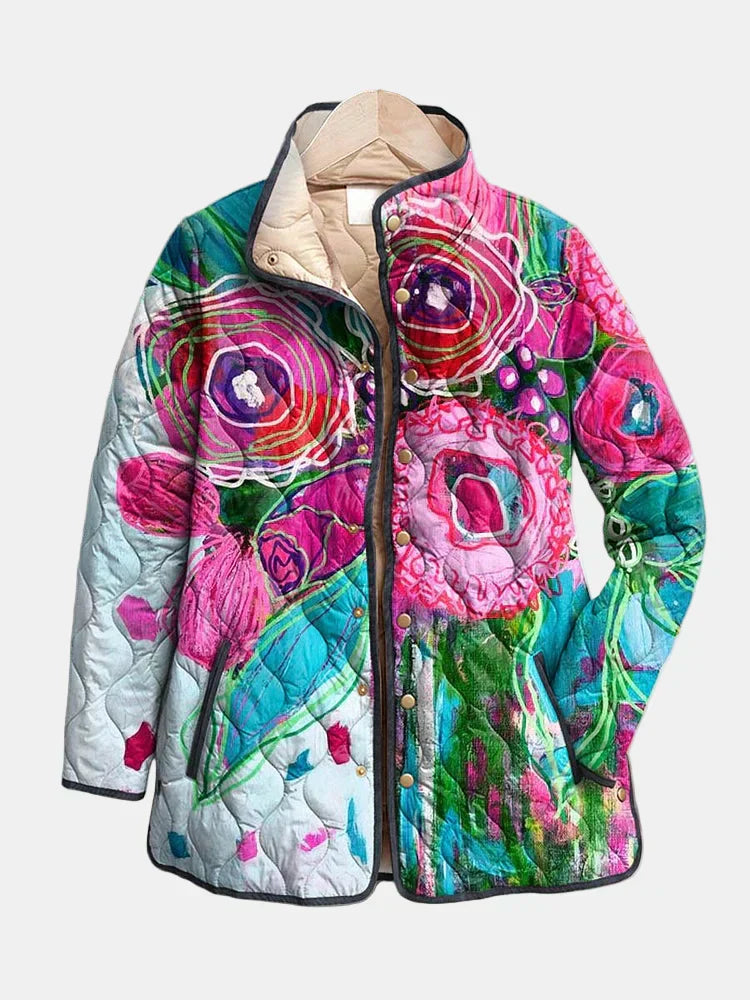 Women's Quilted Jacket with Abstract Floral and Snap Button