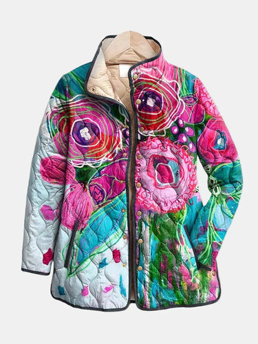 Women's Quilted Jacket with Abstract Floral and Snap Button