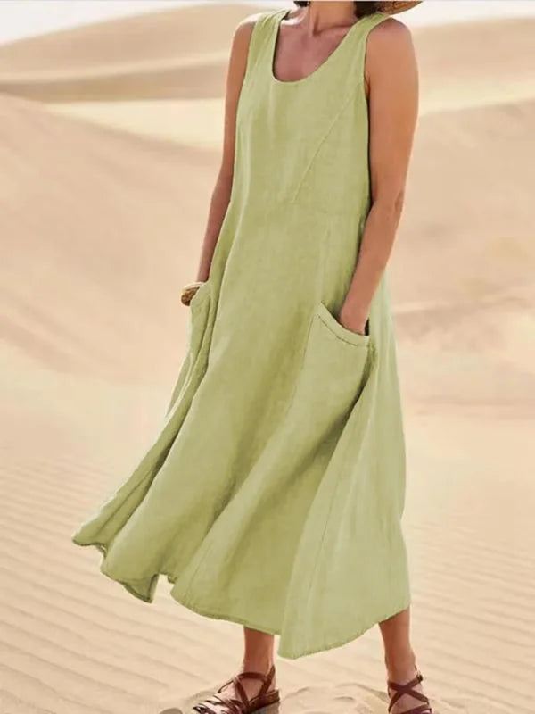 Women's Sleeveless Midi Dress with Scoop Neckline and Side Pockets