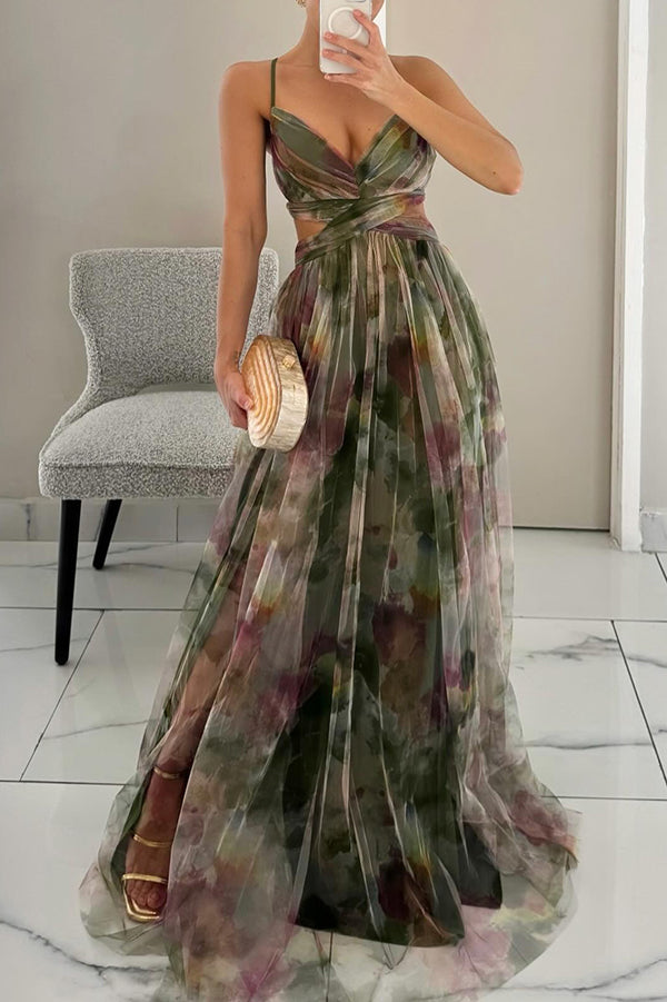 Women's Orange Printed Maxi Dress with Pleated Skirt