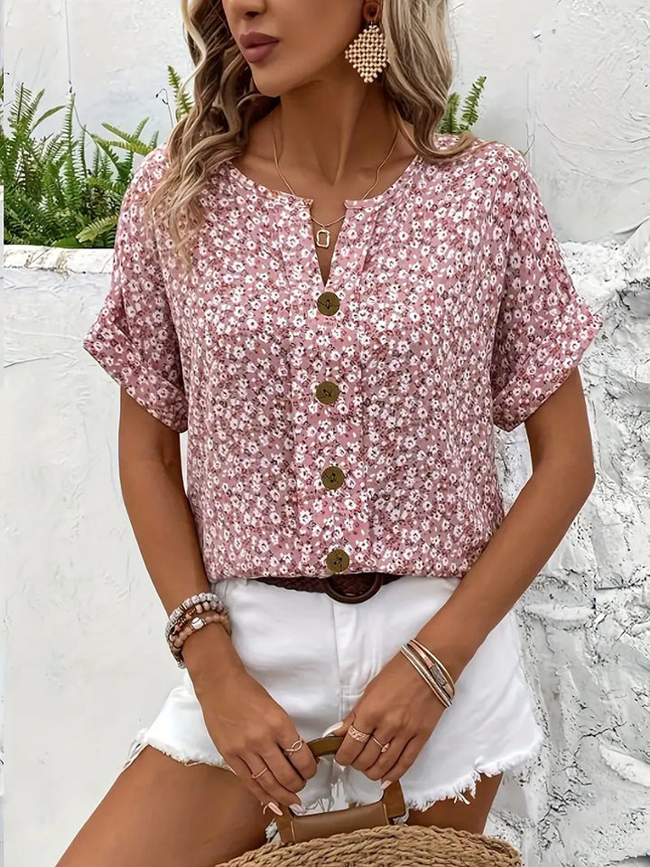 Women's Pink Floral Print Blouse with Notched Neckline