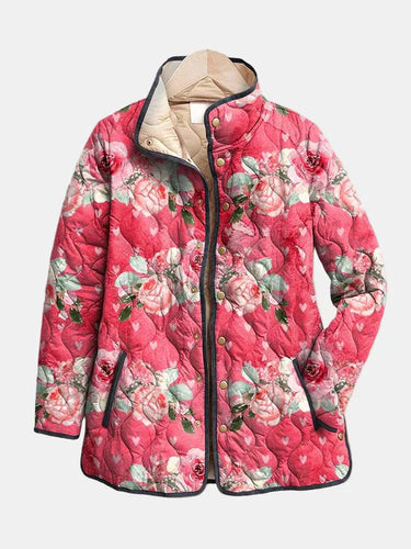 Women's Pink Quilted Jacket with Floral Heart and Stand Collar