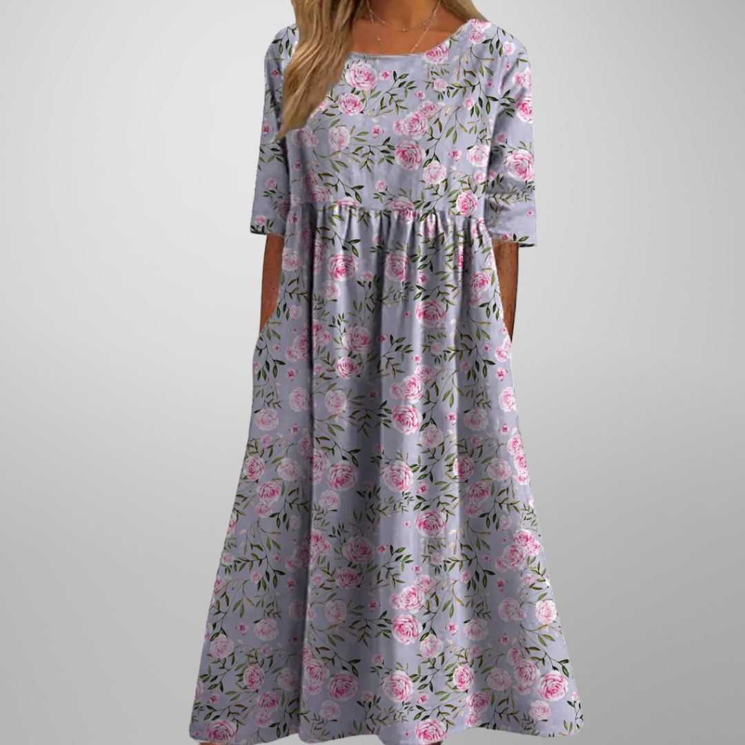 Women's Botanical Printed Midi Dress with Gathered Waist
