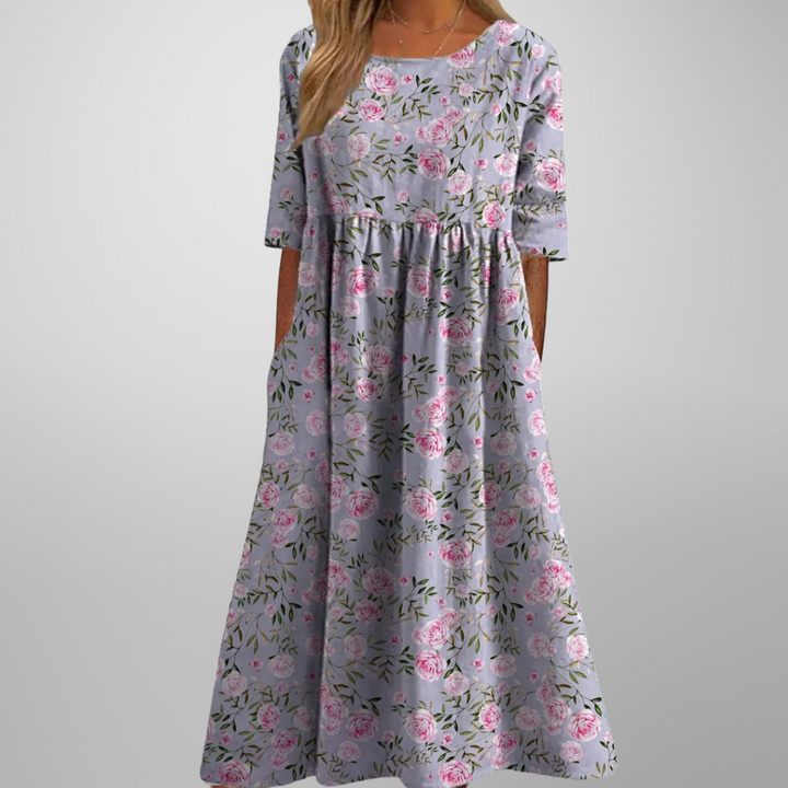 Women's Botanical Printed Midi Dress with Gathered Waist