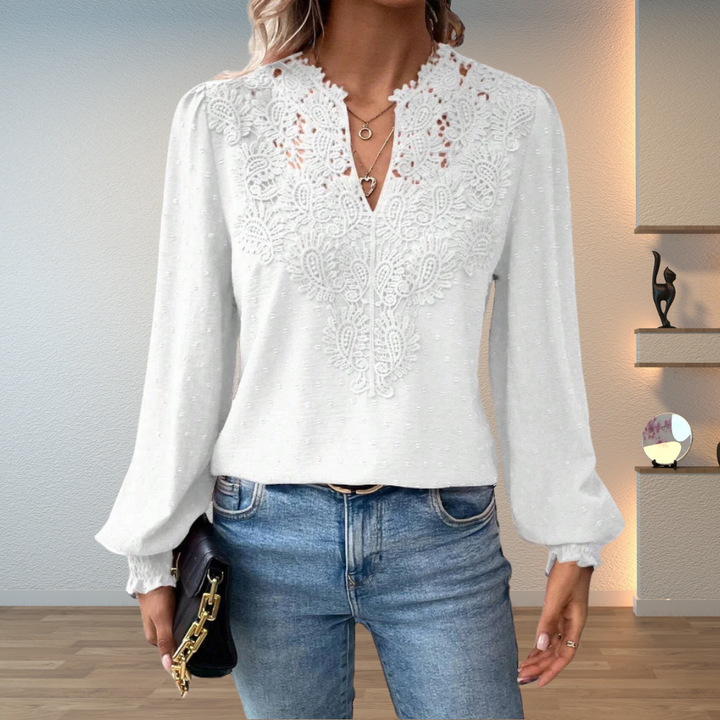 Women's Long Sleeve Blouse with V-Neck and Lace Detail