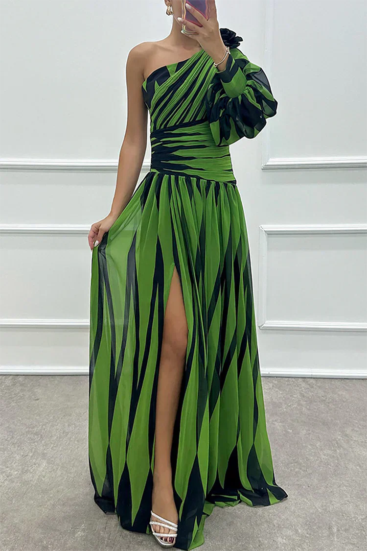 Women's One-Shoulder Maxi Dress with Single Long Sleeve Slit