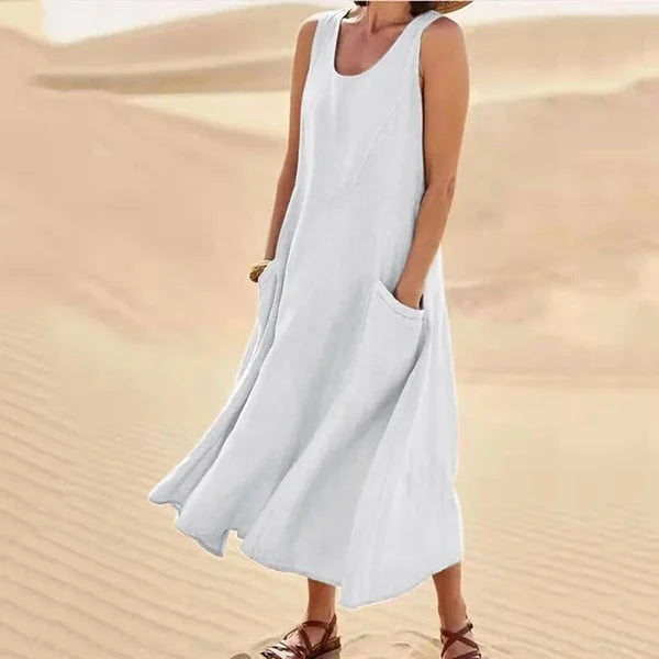 Women's Sleeveless Midi Dress with Scoop Neckline and Side Pockets