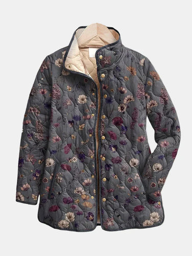 Women's Floral Print Quilted Jacket with Snap Button