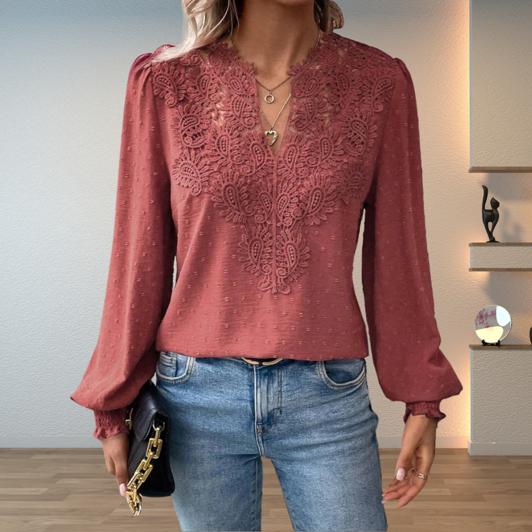 Women's Long Sleeve Blouse with V-Neck and Lace Detail