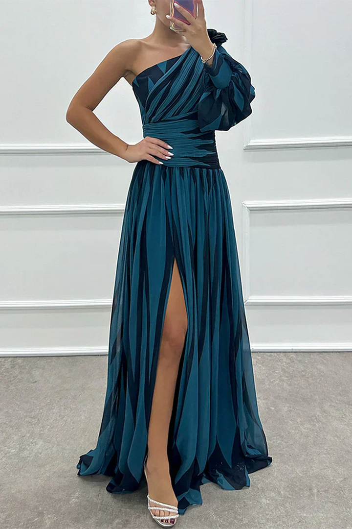 Women's One-Shoulder Maxi Dress with Single Long Sleeve Slit