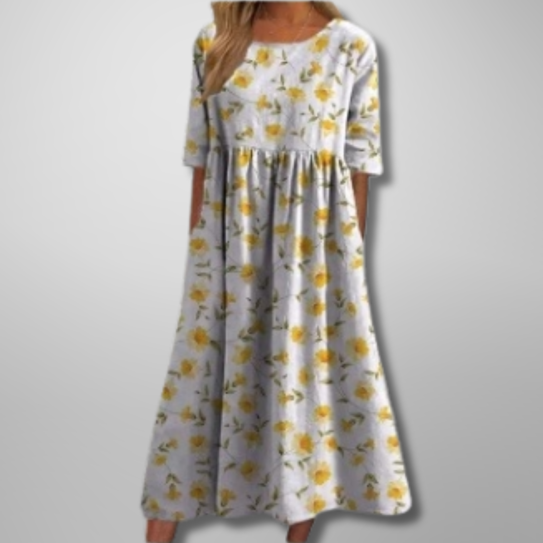 Women's Botanical Printed Midi Dress with Gathered Waist
