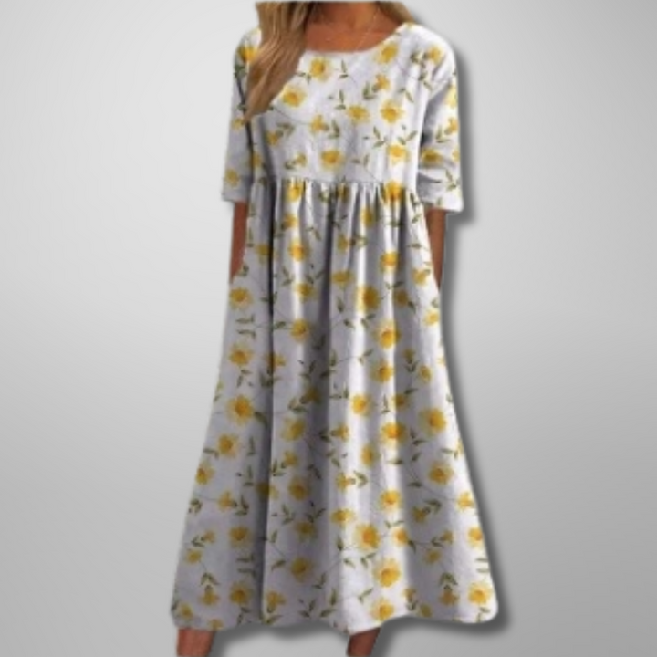 Women's Botanical Printed Midi Dress with Gathered Waist