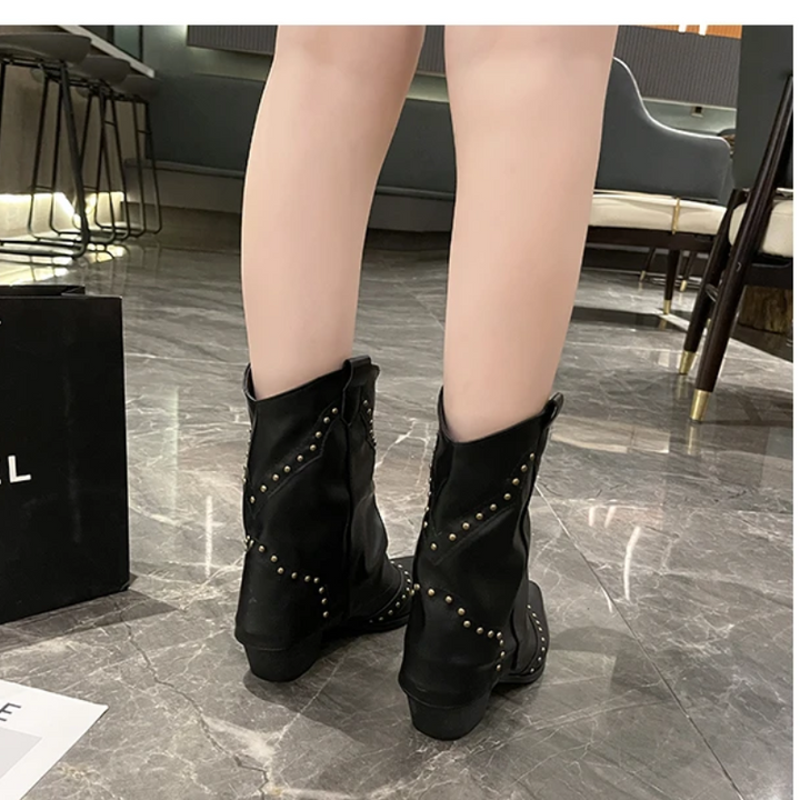 Women's Ankle Boots with Low Heel and Studded Detail