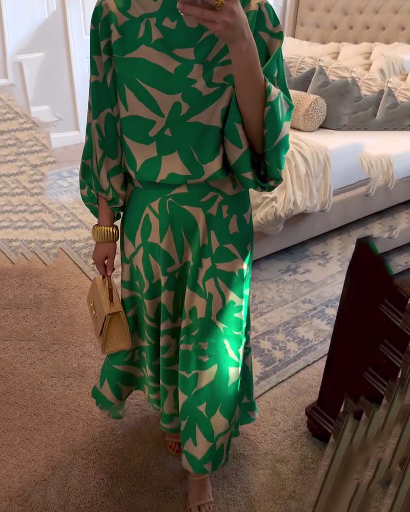 Women's Printed Long Sleeve Top and Midi Skirt Set