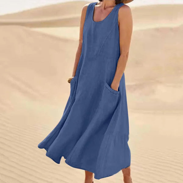 Women's Sleeveless Midi Dress with Scoop Neckline and Side Pockets