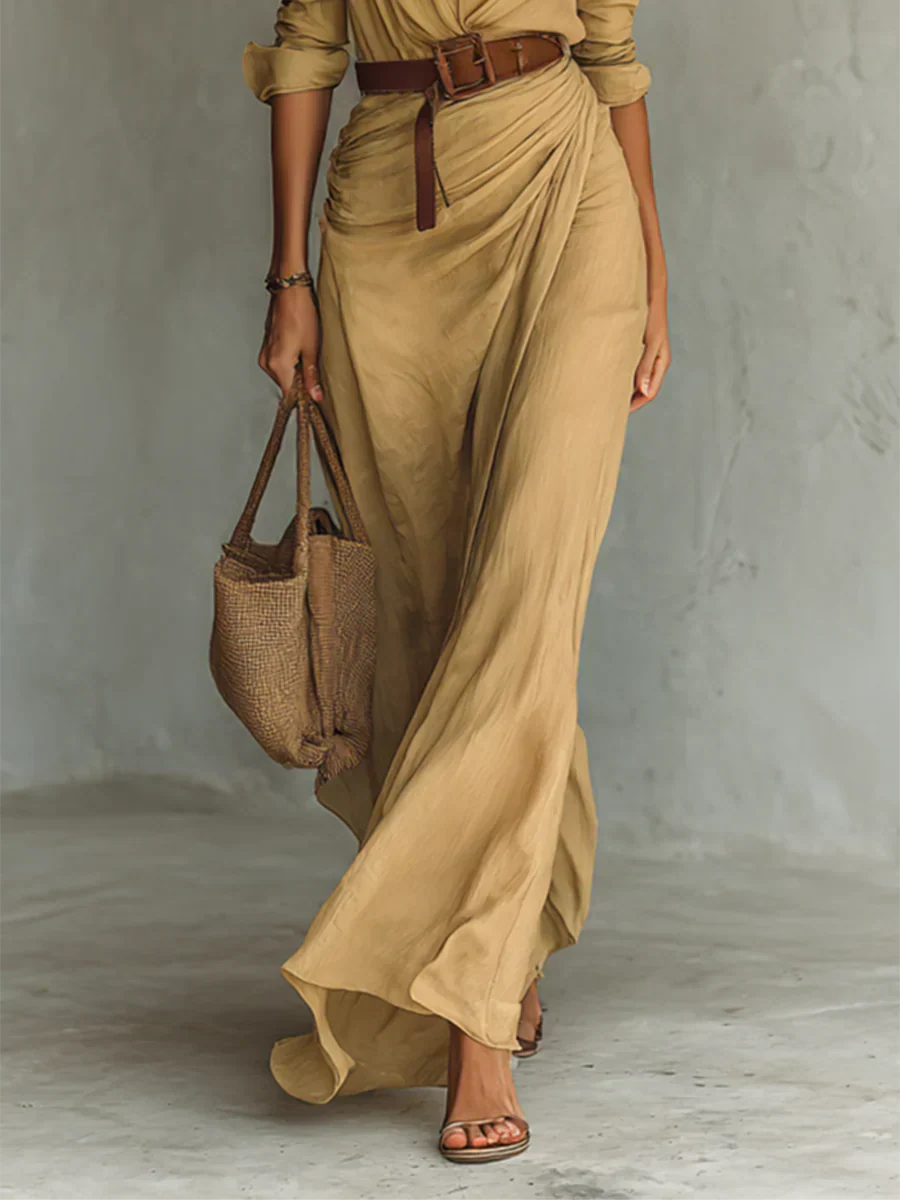Women's Wrap-Style Maxi Dress with Long Sleeves and Belted Waist