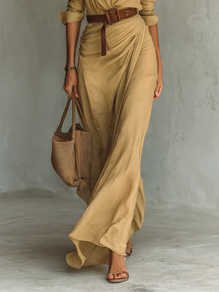 Women's Wrap-Style Maxi Dress with Long Sleeves and Belted Waist