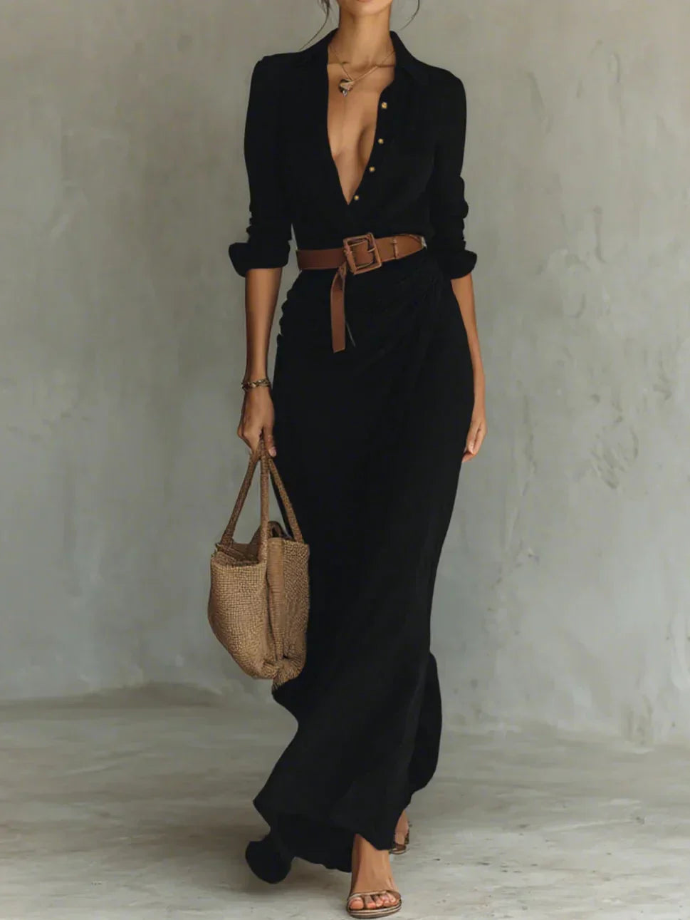 Women's Wrap-Style Maxi Dress with Long Sleeves and Belted Waist