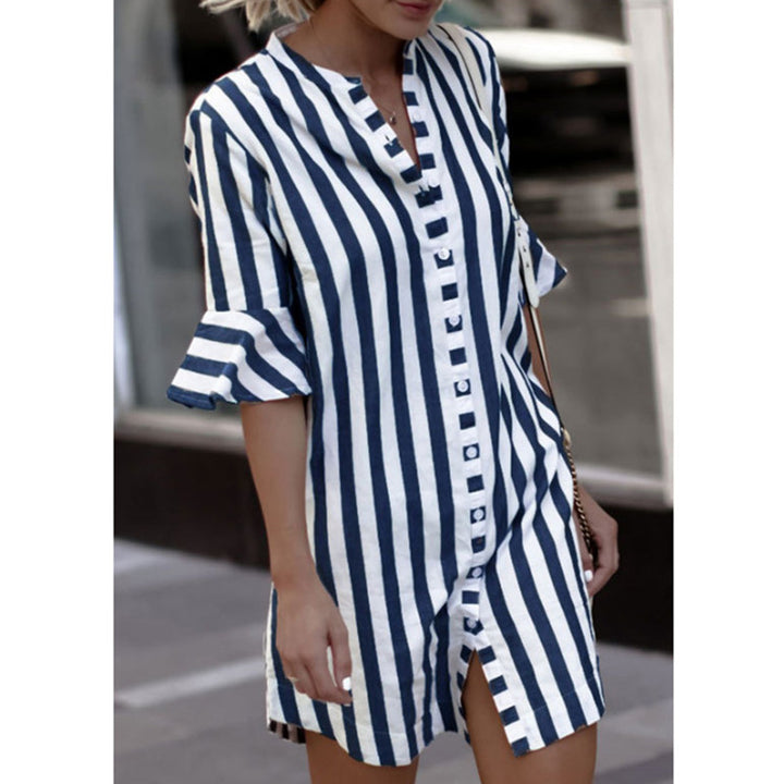Women's striped tunic-mini dress with full button placket, three-quarter ruffled sleeves, and front slit StylebySassy