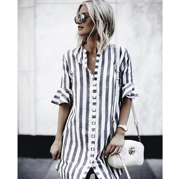 Women's striped tunic-mini dress with full button placket, three-quarter ruffled sleeves, and front slit StylebySassy