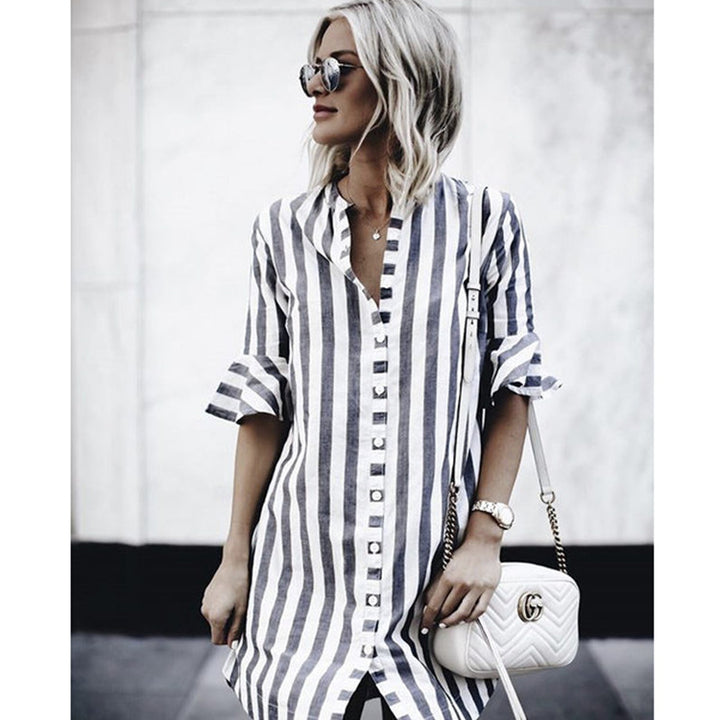 Women's striped tunic-mini dress with full button placket, three-quarter ruffled sleeves, and front slit StylebySassy
