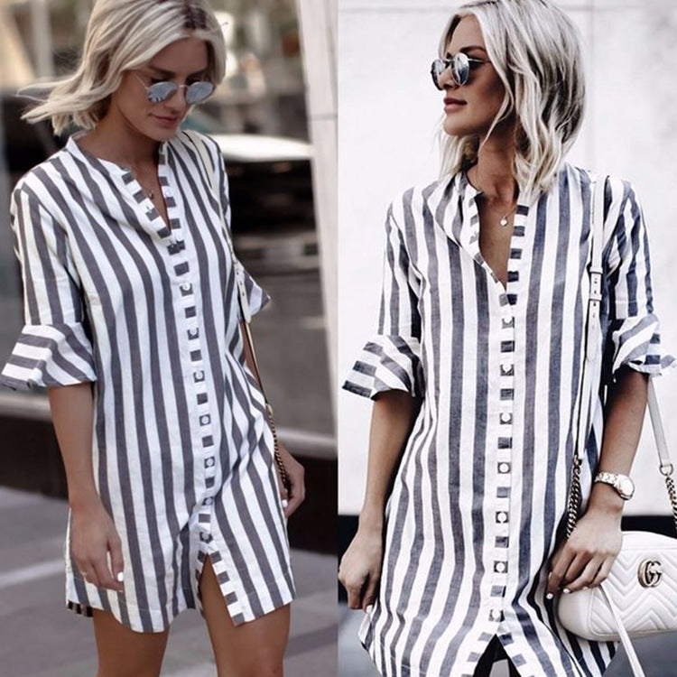 Women's striped tunic-mini dress with full button placket, three-quarter ruffled sleeves, and front slit StylebySassy
