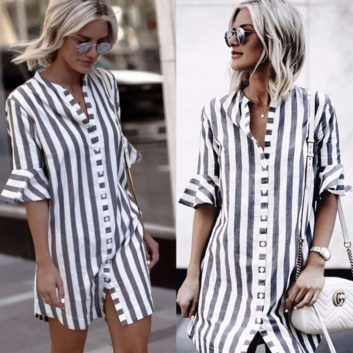Women's striped tunic-mini dress with full button placket, three-quarter ruffled sleeves, and front slit StylebySassy