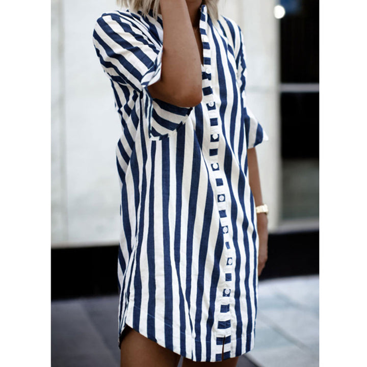 Women's striped tunic-mini dress with full button placket, three-quarter ruffled sleeves, and front slit StylebySassy