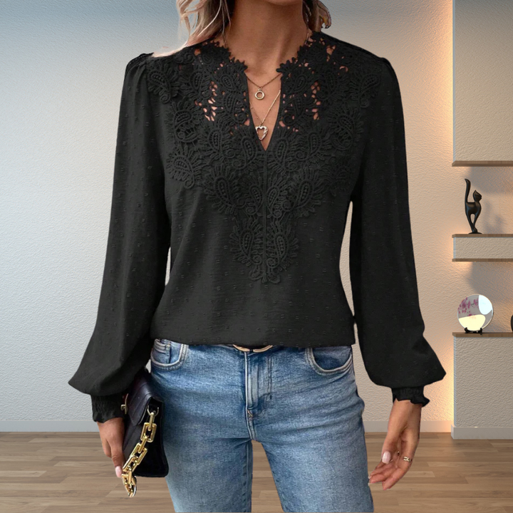 Women's Long Sleeve Blouse with V-Neck and Lace Detail