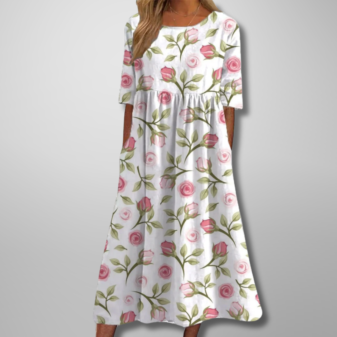 Women's Botanical Printed Midi Dress with Gathered Waist