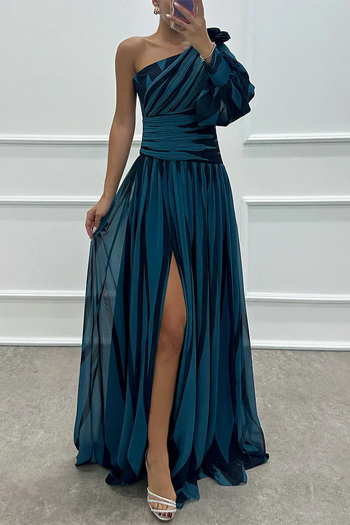 Women's One-Shoulder Maxi Dress with Single Long Sleeve Slit