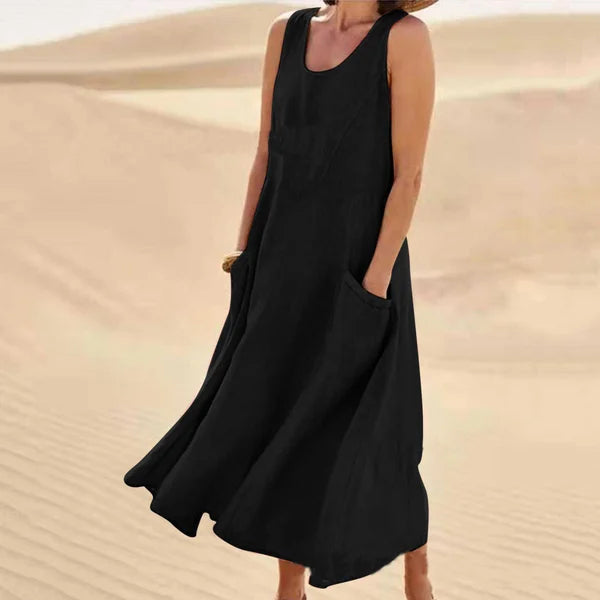 Women's Sleeveless Midi Dress with Scoop Neckline and Side Pockets