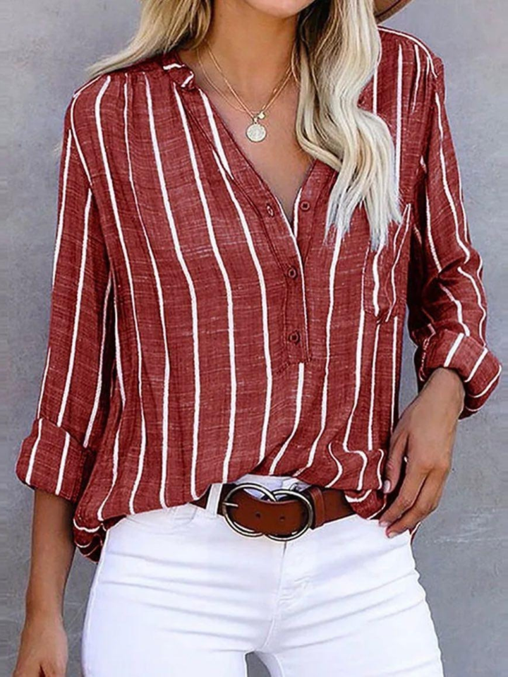 Women's Vertical Stripe Blouse with V-Neck Button Front