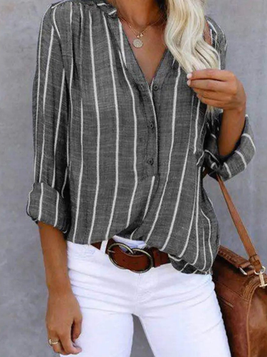 Women's Vertical Stripe Blouse with V-Neck Button Front