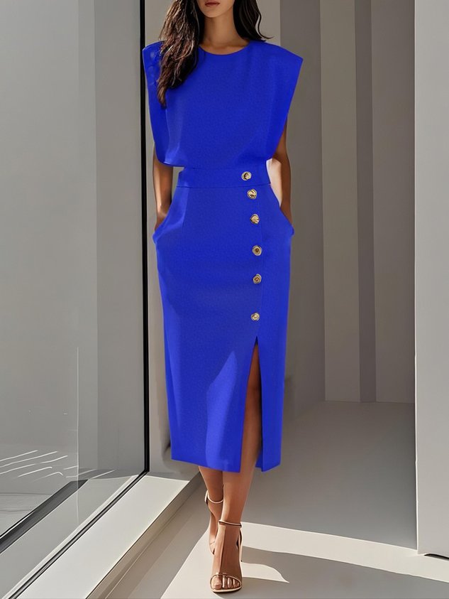 Women's Structured Midi Dress with Side Button Detail and Front Slit