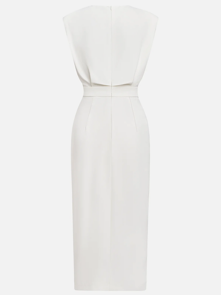Women's Structured Midi Dress with Side Button Detail and Front Slit