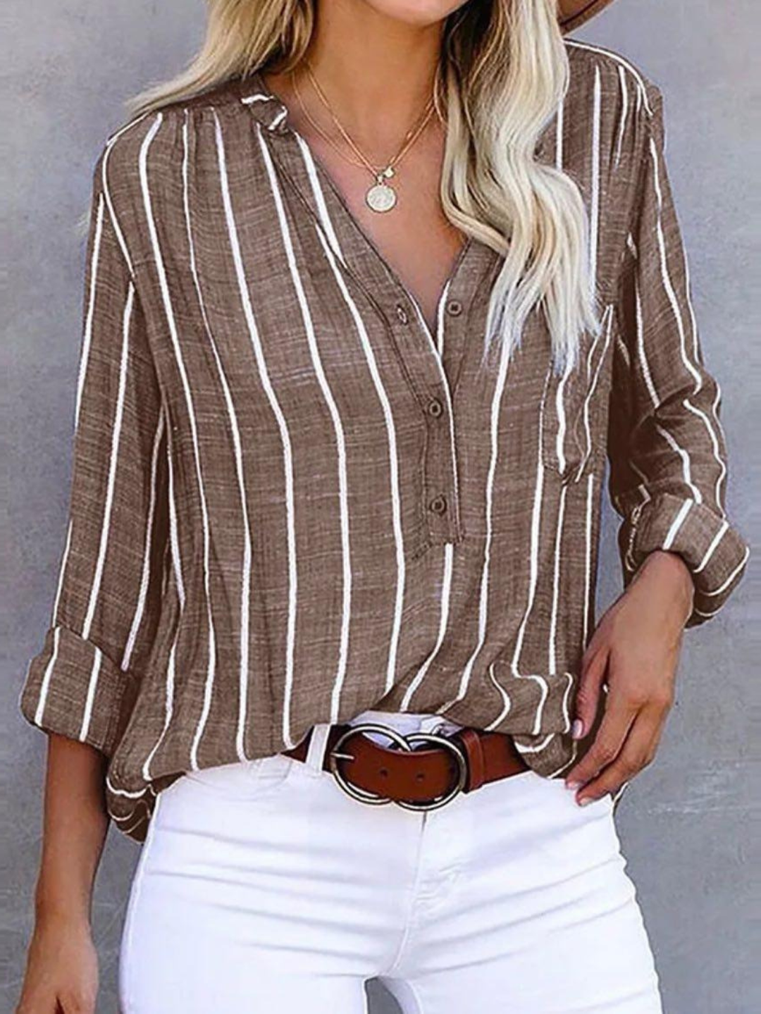 Women's Vertical Stripe Blouse with V-Neck Button Front