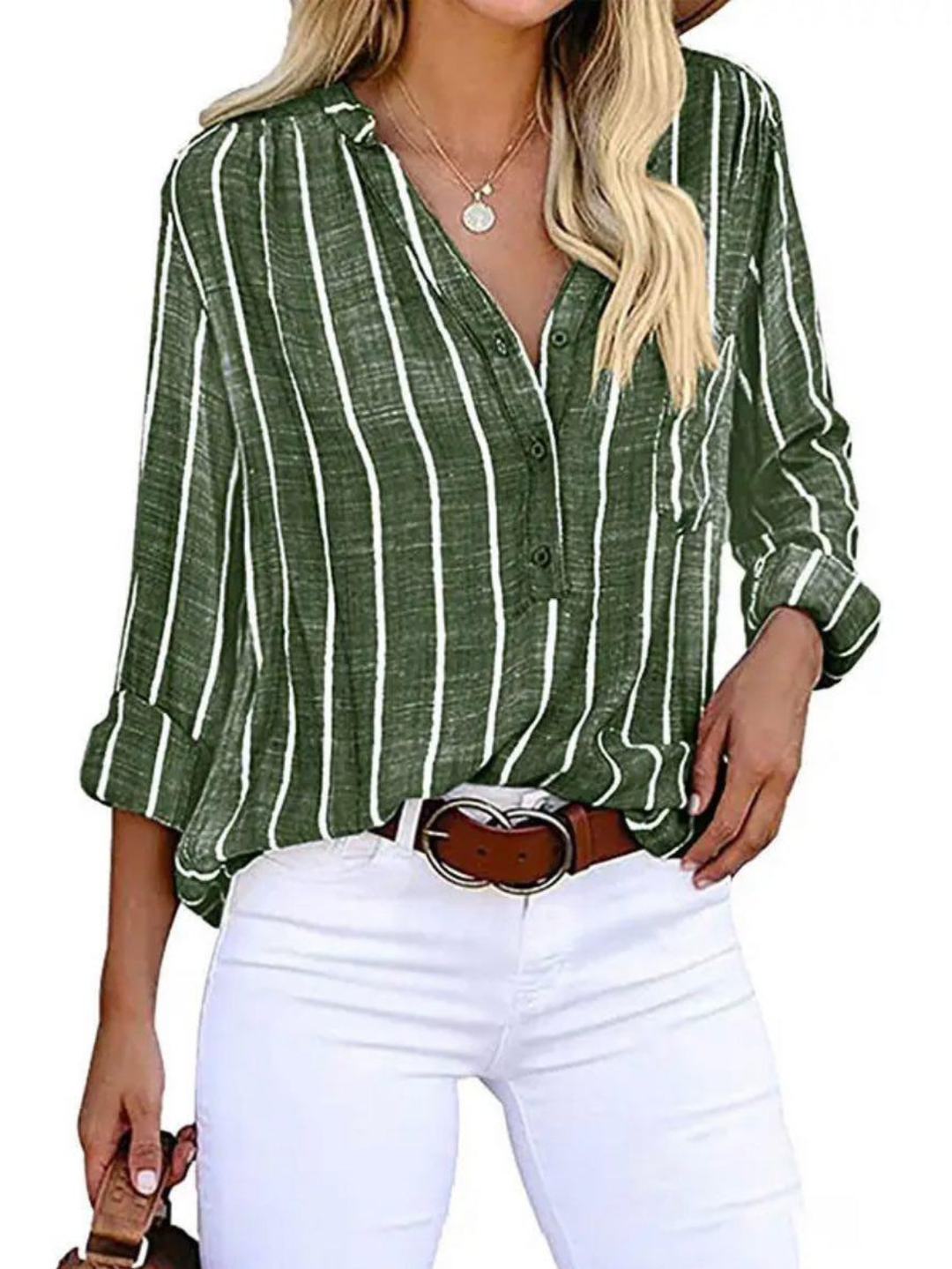 Women's Vertical Stripe Blouse with V-Neck Button Front