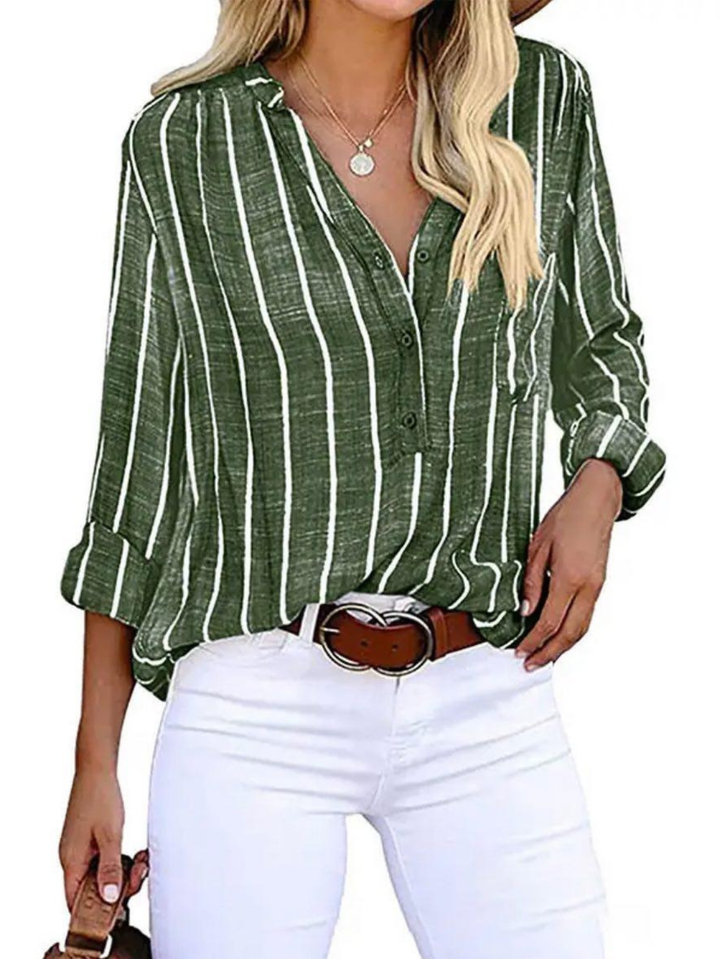 Women's Vertical Stripe Blouse with V-Neck Button Front